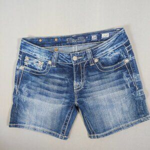 Miss Me jean mid shorts women's sz 28 hard washed denim blue embroidered pockets